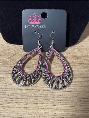 paparazzi Silver Teardrop Earrings with Pink Accents